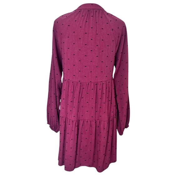 ZARA WOMENS MAROON BLACK SWISS DOT TIERED BALLOON SLEEVE MINI BOHO FLOWY DRESS M - Picture 7 of 11